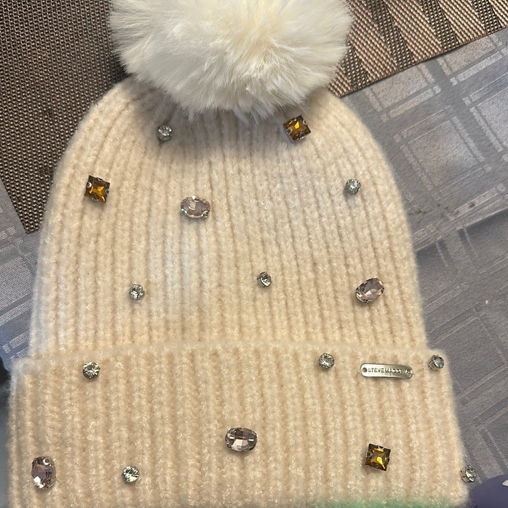 Steve Madden Cream Beanie with Pom Pom and Gem Accents